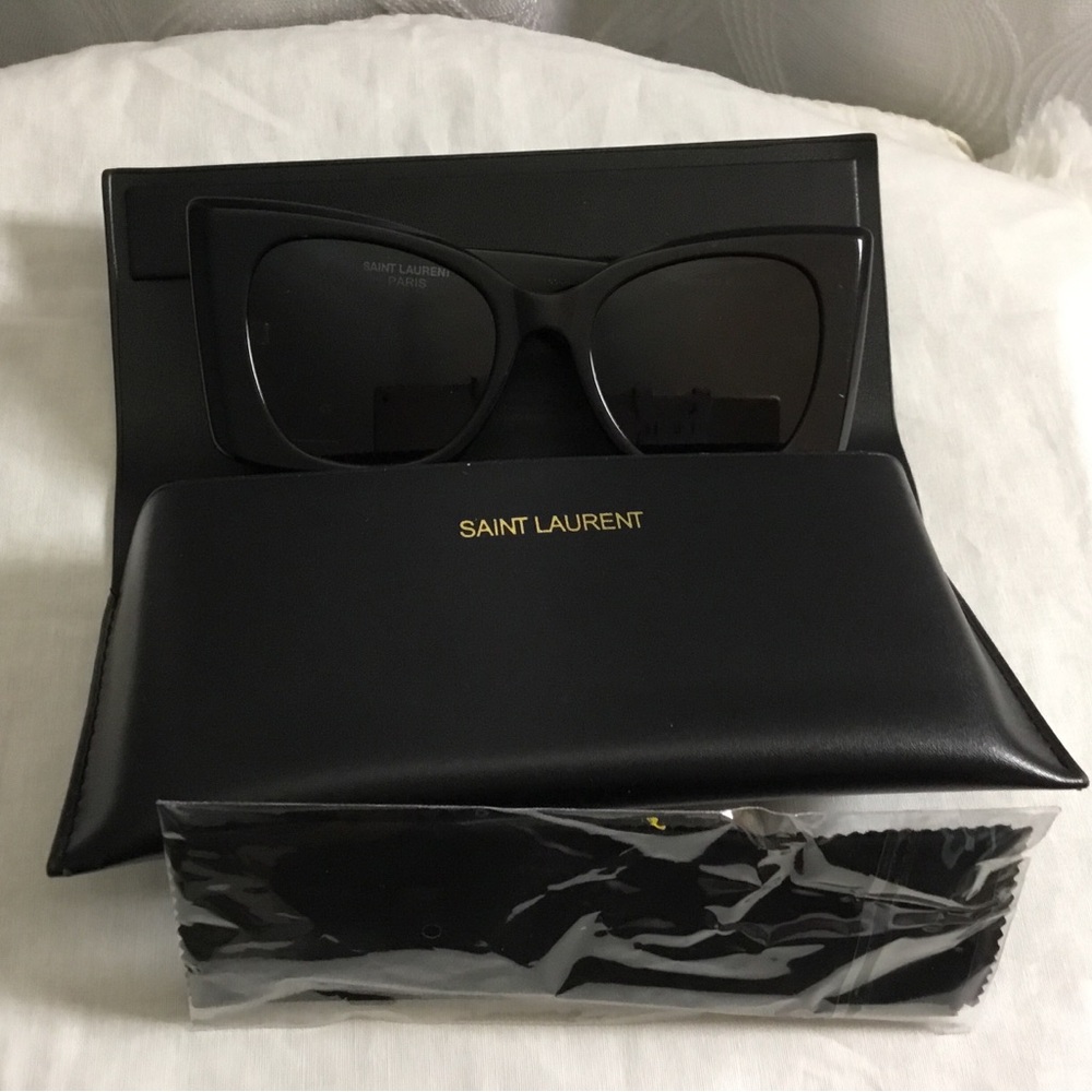 Saint Laurent Black Cat-Eye Sunglasses with Gold Logo Case - Picture 13 of 13